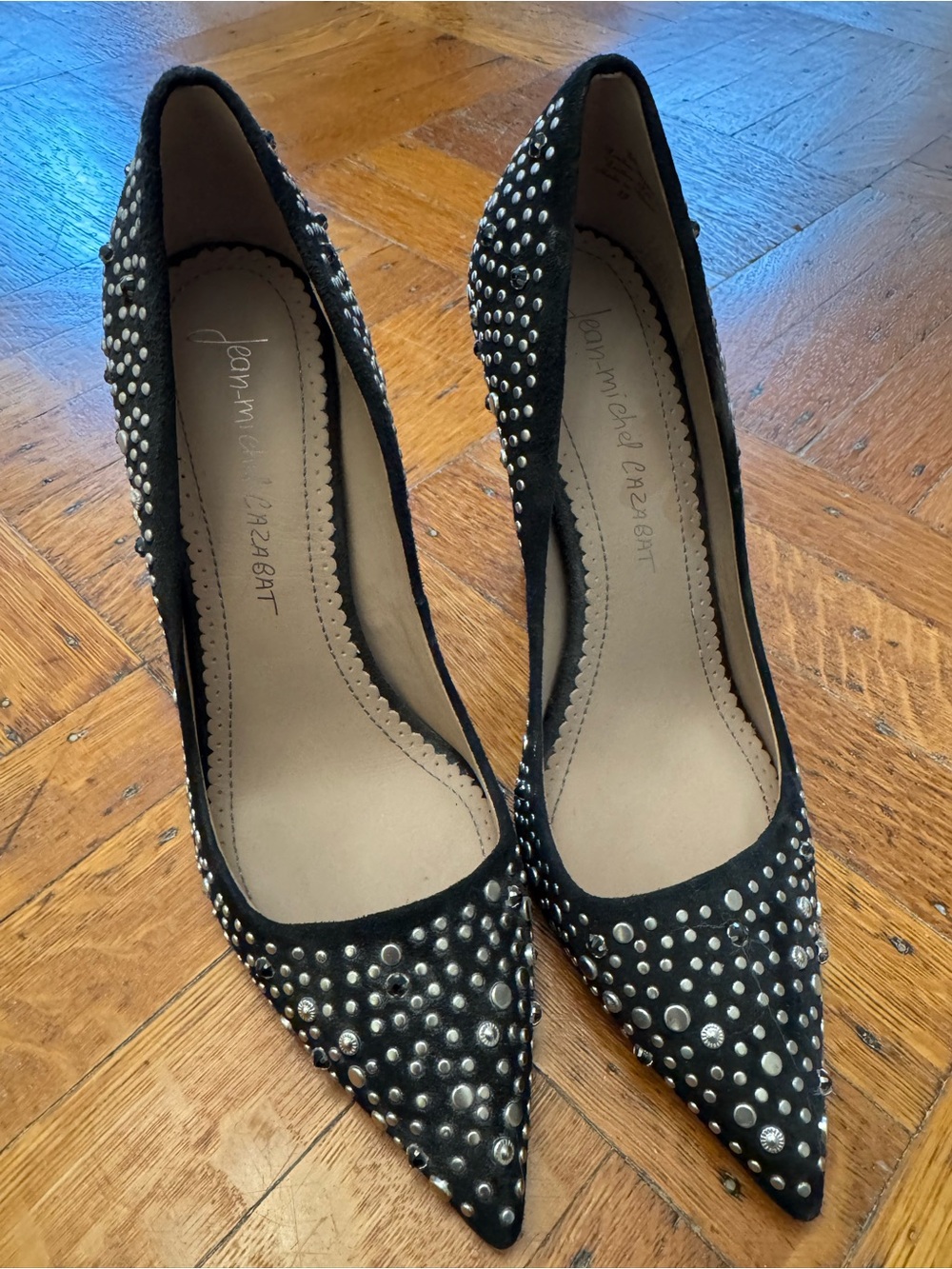 Embellished Black Studded Pointed-Toe Pumps by Jean Michel Cazabat